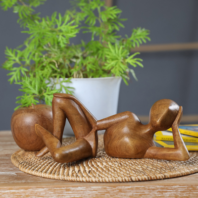 Wood sculpture, 'Brief Repose' - Hand-Carved Semi-Abstract Suar Wood Sculpture from Bali