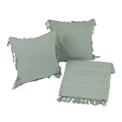 Cotton throw and cushion cover set, 'Warm You in Olive' (3 pieces) - Handmade Cotton 3-Piece Throw and Cushion Cover Set in Green