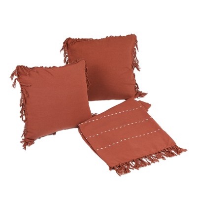 Cotton throw and cushion cover set, 'Warm You in Russet' (3 pieces) - Handmade Cotton 3-Piece Throw and Cushion Cover Set in Brown