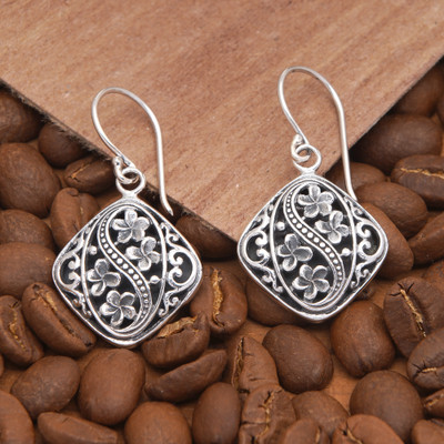 Sterling silver dangle earrings, 'Frangipani Spirits' - Diamond-Shaped Traditional Floral Dangle Earrings from Bali