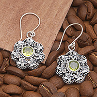 Peridot dangle earrings, 'Offerings to Fortune' - Floral Sterling Silver Dangle Earrings with Peridot Jewels
