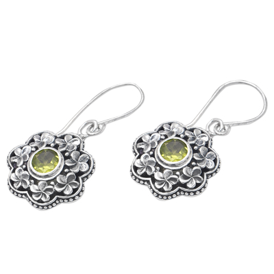 Peridot dangle earrings, 'Offerings to Fortune' - Floral Sterling Silver Dangle Earrings with Peridot Jewels