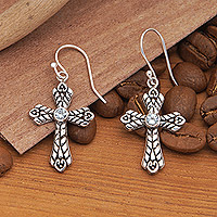 Blue topaz dangle earrings, 'Ocean Cross' - Cross-Shaped Sterling Silver Blue Topaz Dangle Earrings