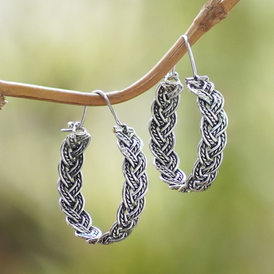 Sterling silver hoop earrings, 'Braided Flair' - Balinese Sterling Silver Hoop Earrings with Braided Style