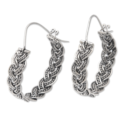 Sterling silver hoop earrings, 'Braided Flair' - Balinese Sterling Silver Hoop Earrings with Braided Style