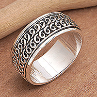 Men's sterling silver band ring, 'Tanah Lot Waves' - Men's Traditional Balinese Sterling Silver Band Ring