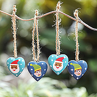 Wood ornaments, 'A Christmas Heart' (set of 4) - Set of 4 Heart-Shaped Blue Christmas Mahogany Wood Ornaments