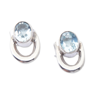 Blue topaz stud earrings, 'Loyal Fashion' - Modern Sterling Silver and Faceted Blue Topaz Stud Earrings