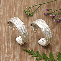 Sterling silver half-hoop earrings, 'Forest Roots' - Textured Sterling Silver Half-Hoop Earrings from Bali