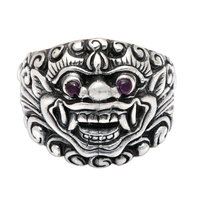 Men's sterling silver cocktail ring, 'Eyes of the Kala Rau' - Men's Kala Rau Sterling Silver Cocktail Ring with Purple Gem