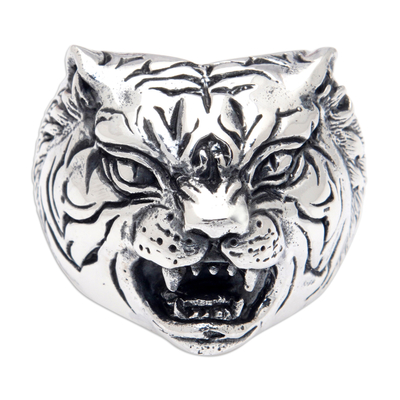 Men's sterling silver cocktail ring, 'Warrior's Spirit' - Men's Tiger-Themed Sterling Silver Cocktail Ring from Bali