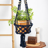 Macrame cotton flower pot hanger, 'Midnight Nature' - Handwoven Macrame Midnight Cotton Flower Pot Hanger