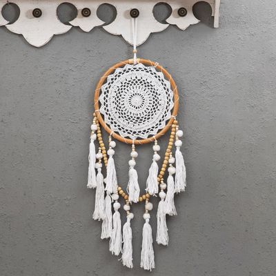 Colgante de pared de algodón de ganchillo - Colgante de pared de algodón y bambú inspirado en mandalas de ganchillo