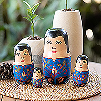 Recycled teak nesting dolls, 'Batik Ladies' (set of 4) - Set of 4 Batik-Themed Blue Recycled Teakwood Nesting Dolls