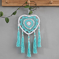 Crocheted cotton wall hanging, 'Heart of the Ocean' - Heart-Shaped Blue and White Crocheted Cotton Wall Hanging