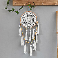 Crocheted cotton wall hanging, 'Bali's Bright Dream' - Crocheted Mandala-Inspired Wood and Cotton Wall Hanging