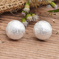 Sterling silver button earrings, 'Mushrooms from Heaven' - Brushed-Satin Finished Mushroom-Shaped Button Earrings