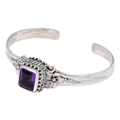 Amethyst cuff bracelet, 'Purple Deity' - Traditional Floral Two-Carat Faceted Amethyst Cuff Bracelet