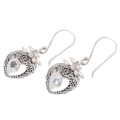 Blue topaz and cultured pearl dangle earrings, 'A Loyal Romance' - Heart-Shaped Blue Topaz and Cultured Pearl Dangle Earrings