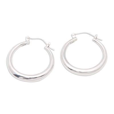 Sterling silver hoop earrings, 'Glow Today' - Minimalist-Inspired Round Sterling Silver Hoop Earrings