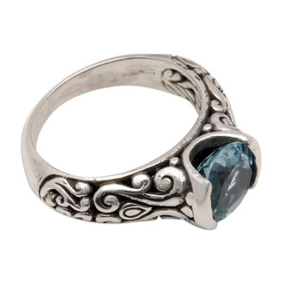 Blue topaz single stone ring, 'Azure Vine Embrace' - Sterling Silver Single Stone Ring with 2.5 Carat Blue Topaz