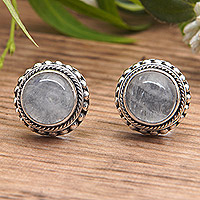 Rainbow moonstone button earrings, 'The Harmonious Sun' - Natural Rainbow Moonstone Button Earrings from Bali