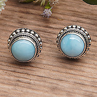 Larimar button earrings, 'The Healing Sun' - Polished Larimar Cabochon Button Earrings from Bali