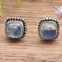 Rainbow moonstone stud earrings, 'Moon Emblem' - Polished Natural Rainbow Moonstone Stud Earrings from Bali