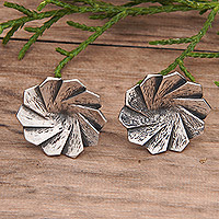 Sterling silver button earrings, 'Magical Windmill' - Oxidized Sterling Silver Button Earrings with Wavy Design