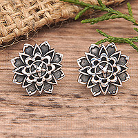 Sterling silver button earrings, 'Magical Chakra' - Oxidized Sterling Silver Flower Chakra Button Earrings