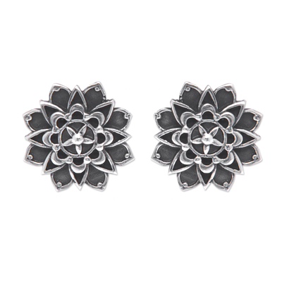 Sterling silver button earrings, 'Magical Chakra' - Oxidized Sterling Silver Flower Chakra Button Earrings