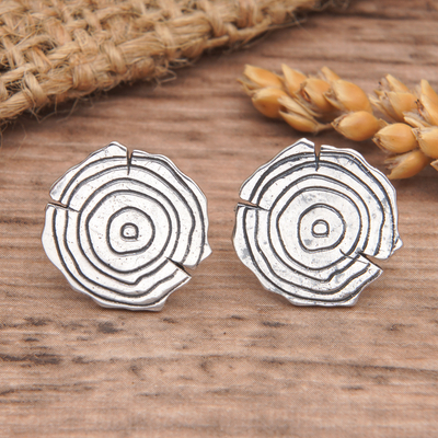 Sterling silver button earrings, 'Wooden Log' - Sterling Silver Button Earrings with Wooden Log Motif