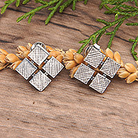 Sterling silver button earrings, 'Rhombus Splendor' - Sterling Silver Rhombus Button Earrings with Textured Finish