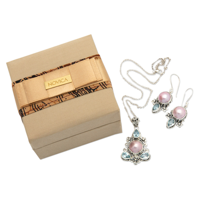 Set de regalo seleccionado - Pendientes de collar de perlas y topacio azul plateado caja de regalo curada