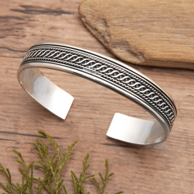 Men's sterling silver cuff bracelet, 'Warrior's Prime' - Men's Polished Traditional Sterling Silver Cuff Bracelet