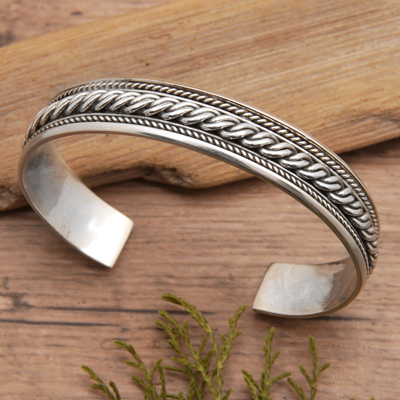 Sterling silver cuff bracelet, 'Eden Braids' - Braid-Patterned Classic Sterling Silver Cuff Bracelet