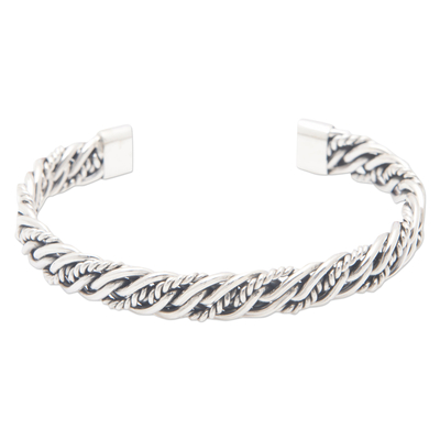 Sterling silver cuff bracelet, 'Classic Encounters' - Polished Sterling Silver Cuff Bracelet with Rope Details