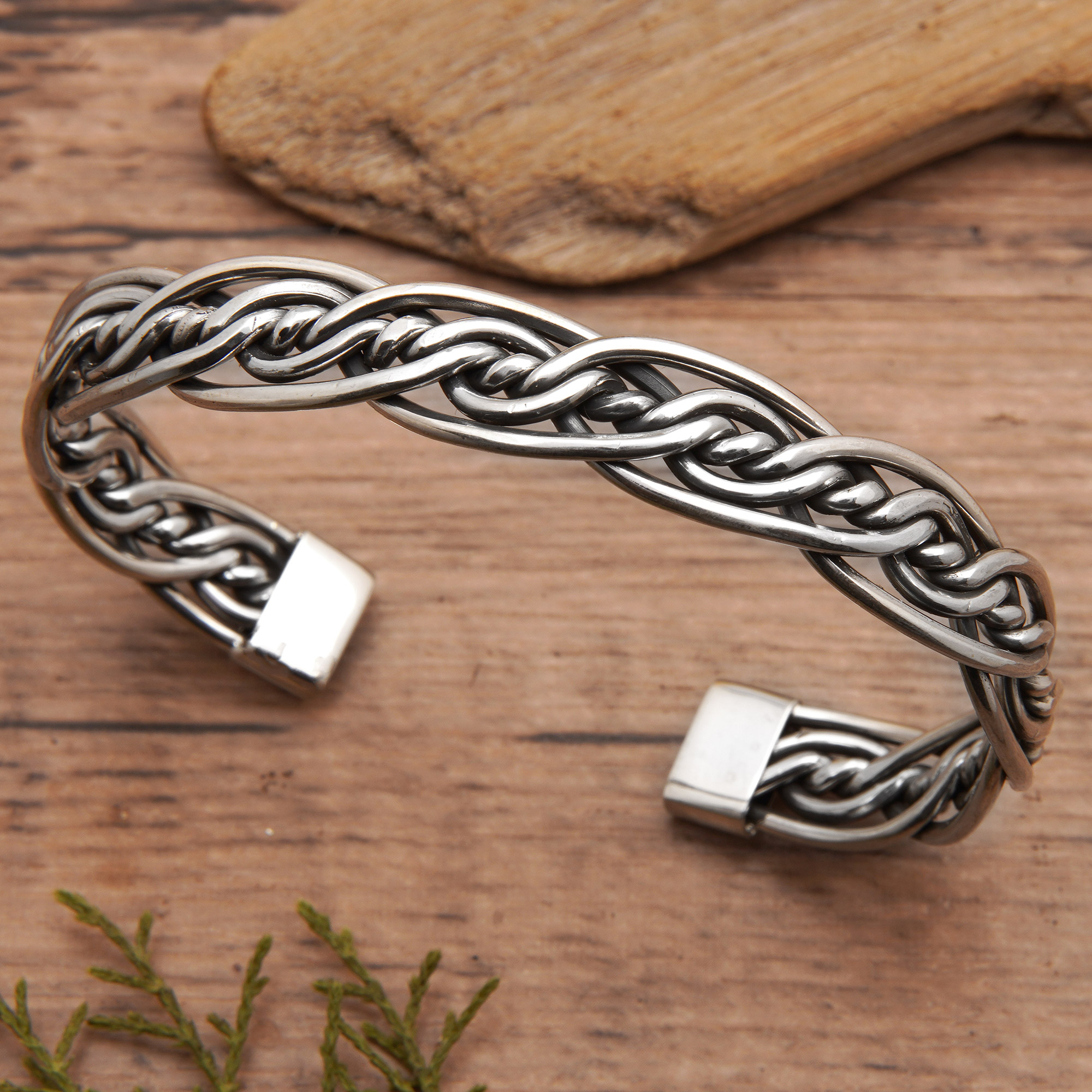 Sterling silver braided rope cuff bracelet - Flatwearable Artisan Jewelry 