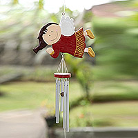 Wood wind chime, 'Grinning Angel' - Hand-Painted Red Wood Angel Wind Chime Christmas Decor