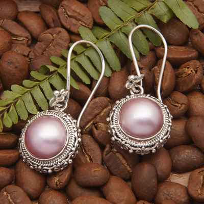 Cultured mabe pearl dangle earrings, 'Moon Shade' - 925 Silver Dangle Earrings with Pink Cultured Mabe Pearls