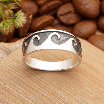 Men's sterling silver band ring, 'Warrior's Sea' - Men's Ocean-Themed Sterling Silver Band Ring from Bali