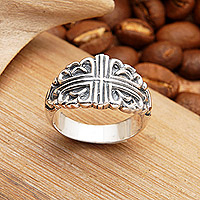 Gewölbter Ring aus Sterlingsilber, „Göttliches Kreuz“ – Polierter gewölbter Ring aus Sterlingsilber mit Kreuzmotiv aus Bali