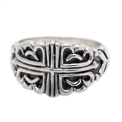 Sterling silver domed ring, 'Divine Cross' - Polished Cross-Themed Sterling Silver Domed Ring from Bali