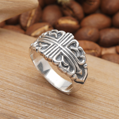 Sterling silver domed ring, 'Divine Cross' - Polished Cross-Themed Sterling Silver Domed Ring from Bali