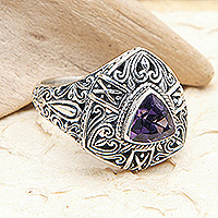 Amethyst cocktail ring, 'Beauty in Purple' - Sterling Silver Triangular Cocktail Ring with Amethyst Stone