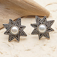 Cultured pearl button earrings, 'Chic Star' - Sterling Silver Star Button Earrings with Cultured Pearls