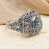 Blue topaz cocktail ring, 'Beauty in Azure' - Sterling Silver Triangular Cocktail Ring with Blue Topaz Gem
