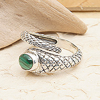 Malachite wrap ring, 'Cobra King' - Snake-Themed Sterling Silver Wrap Ring with Malachite Stone