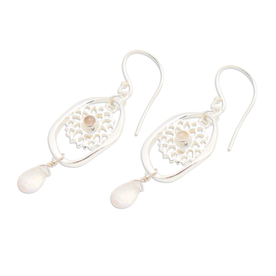 Rose quartz dangle earrings, 'Pink Aura Chakra' - Chakra Themed Sterling Silver Rose Quartz Dangle Earrings