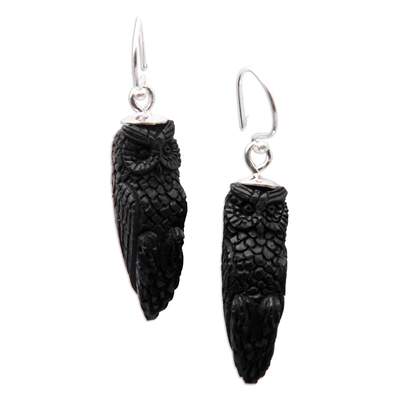 Horn dangle earrings, 'Night Owls' - Dark Horn Owl-Shaped Dangle Earrings Hand-Carved in Bali